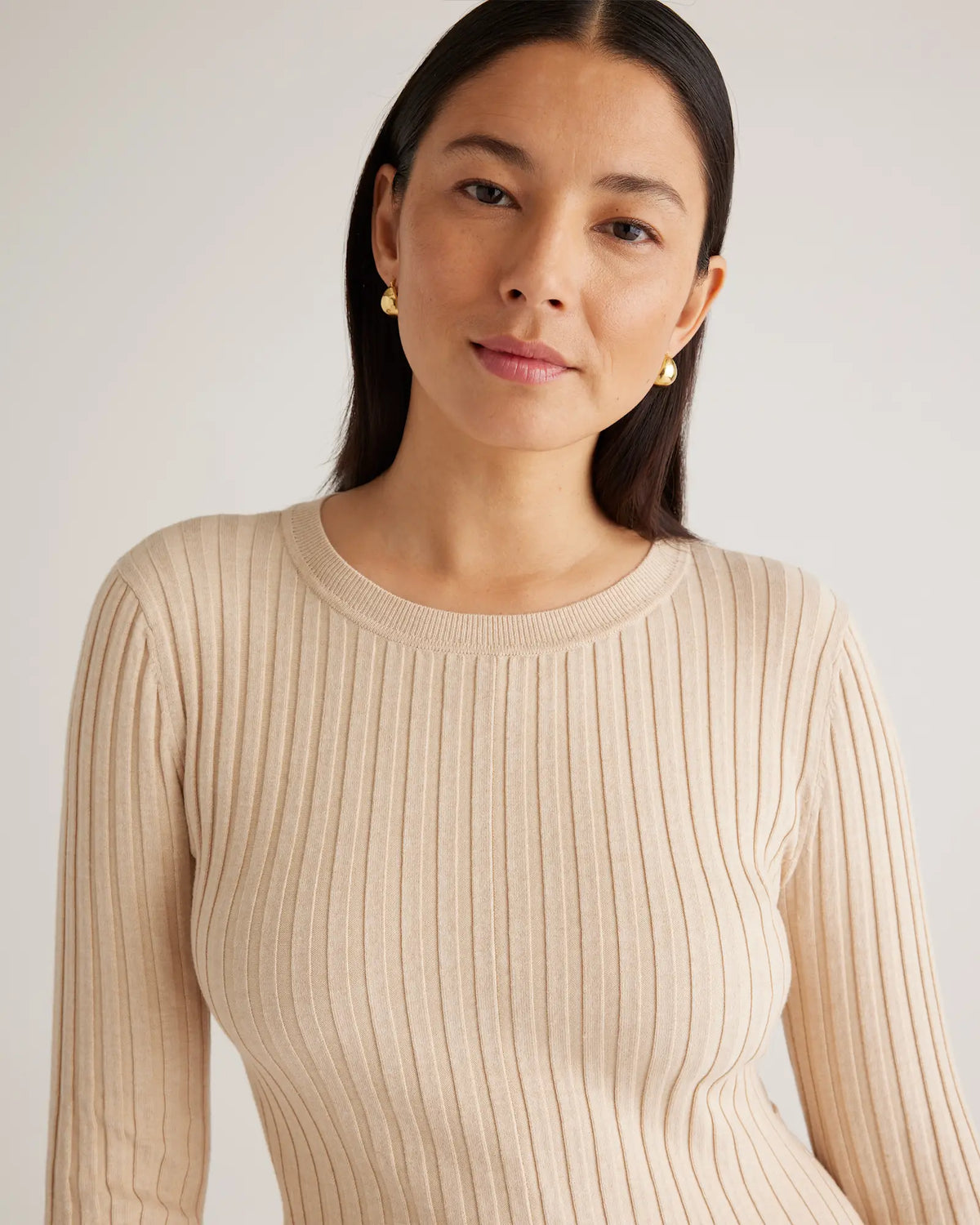 Cotton Cashmere Ribbed Long Sleeve Crew Midi Dress - US 1698