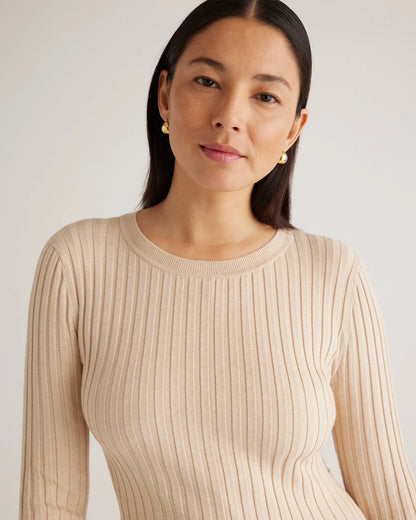 Cotton Cashmere Ribbed Long Sleeve Crew Midi Dress - US 1698