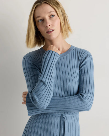 Cotton Cashmere Ribbed Long Sleeve Crew Midi Dress - US 8485