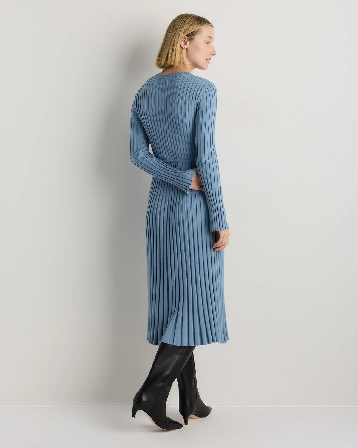 Cotton Cashmere Ribbed Long Sleeve Crew Midi Dress - US 8485