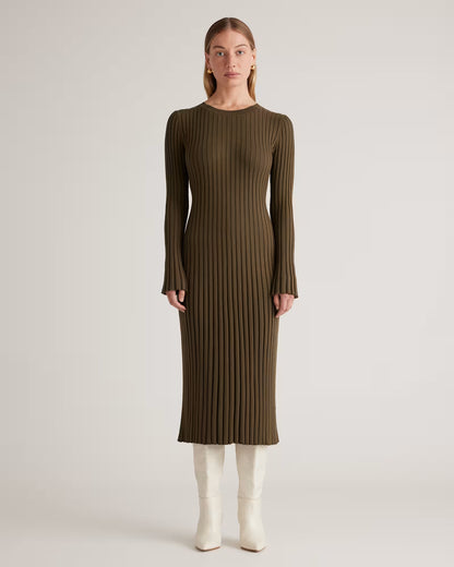 Cotton Cashmere Ribbed Long Sleeve Crew Midi Dress - US 9108