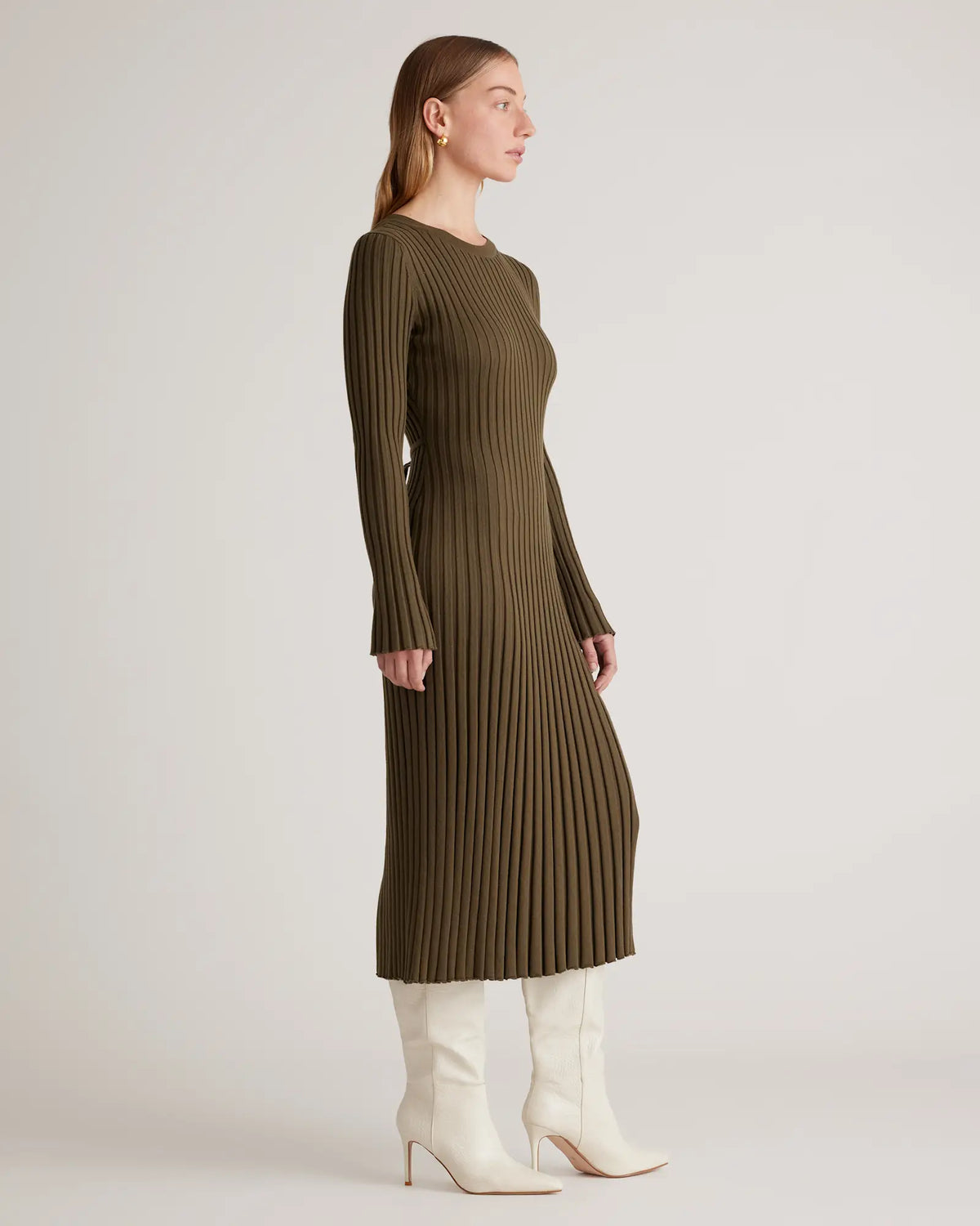 Cotton Cashmere Ribbed Long Sleeve Crew Midi Dress - US 9108