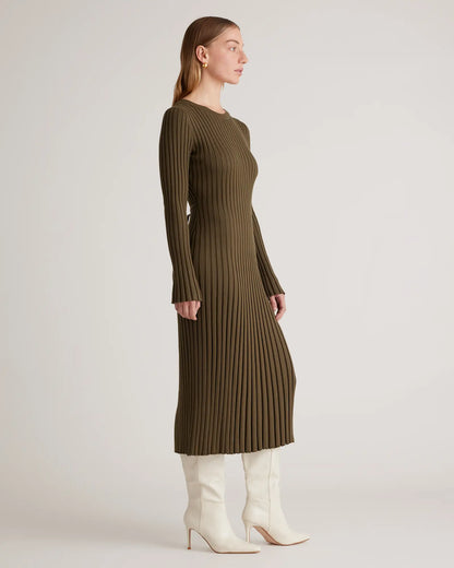 Cotton Cashmere Ribbed Long Sleeve Crew Midi Dress - US 9108