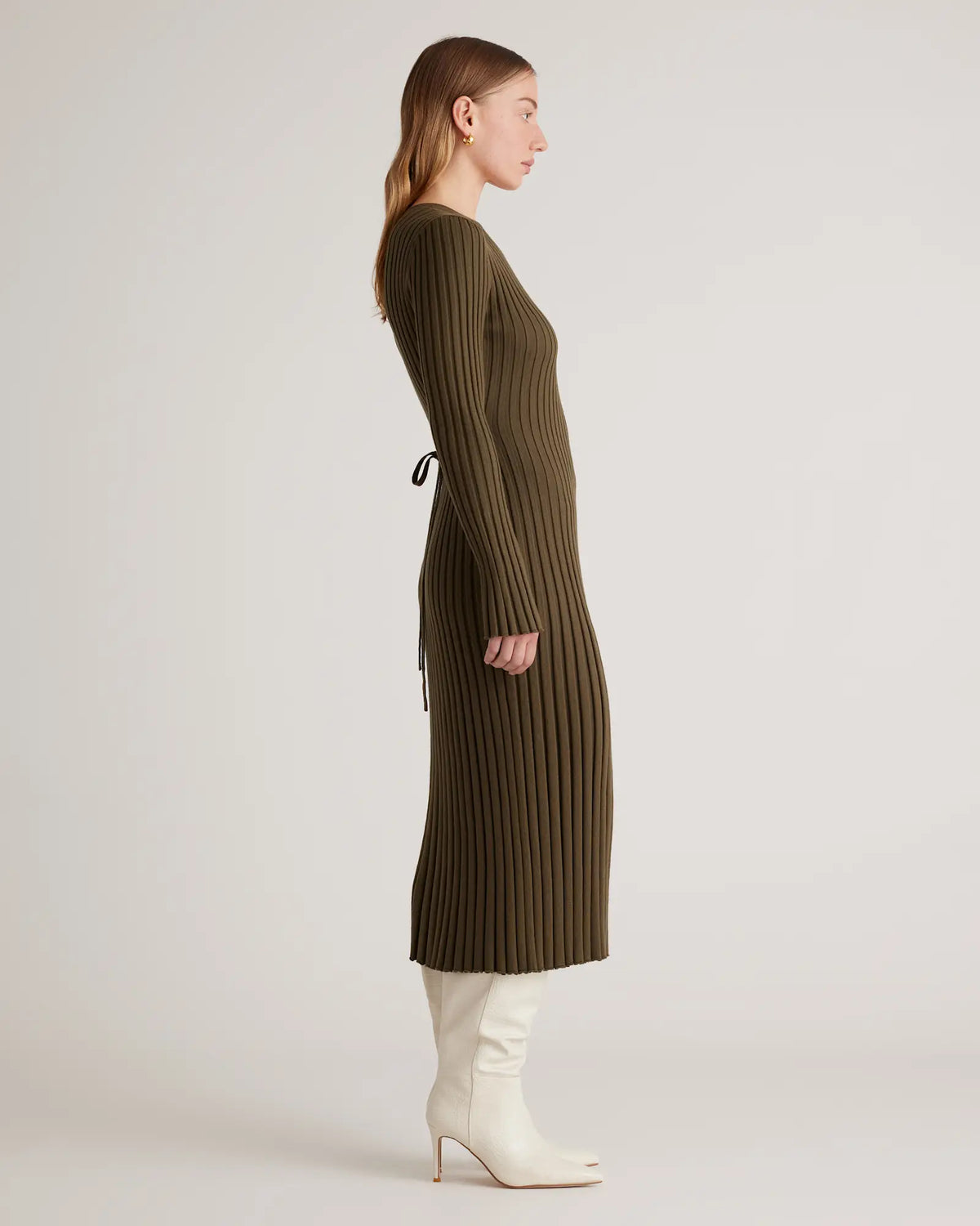 Cotton Cashmere Ribbed Long Sleeve Crew Midi Dress - US 9108