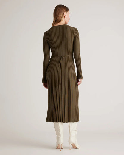 Cotton Cashmere Ribbed Long Sleeve Crew Midi Dress - US 9108