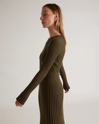 Cotton Cashmere Ribbed Long Sleeve Crew Midi Dress - US 9108
