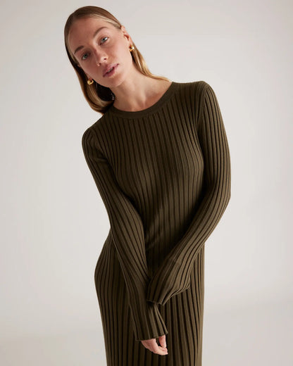 Cotton Cashmere Ribbed Long Sleeve Crew Midi Dress - US 9108
