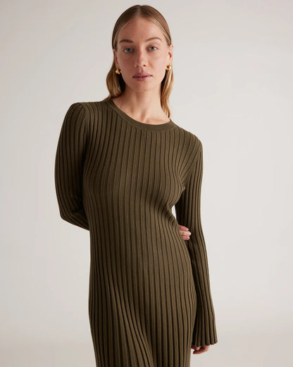 Cotton Cashmere Ribbed Long Sleeve Crew Midi Dress - US 9108