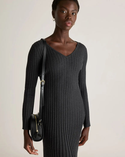 Cotton Cashmere Ribbed Long Sleeve V-Neck Midi Dress - US 2168