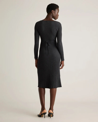 Cotton Cashmere Ribbed Long Sleeve V-Neck Midi Dress - US 2168