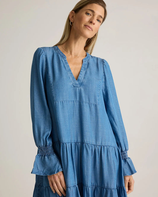 Chambray Tencel Tiered Long Sleeve Mini Dress - US 4607