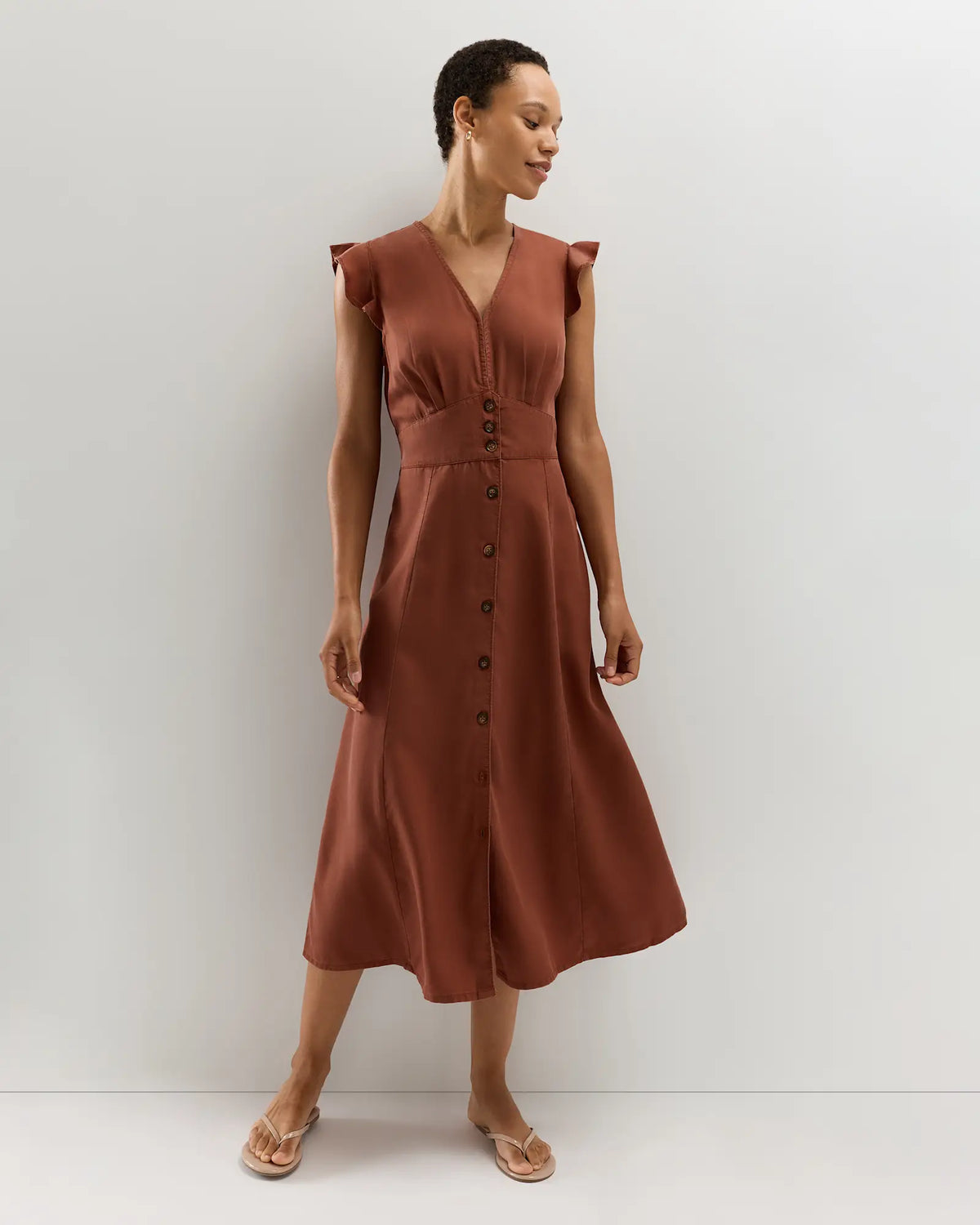 Vintage Wash Tencel Button Front Midi Dress - US 2296