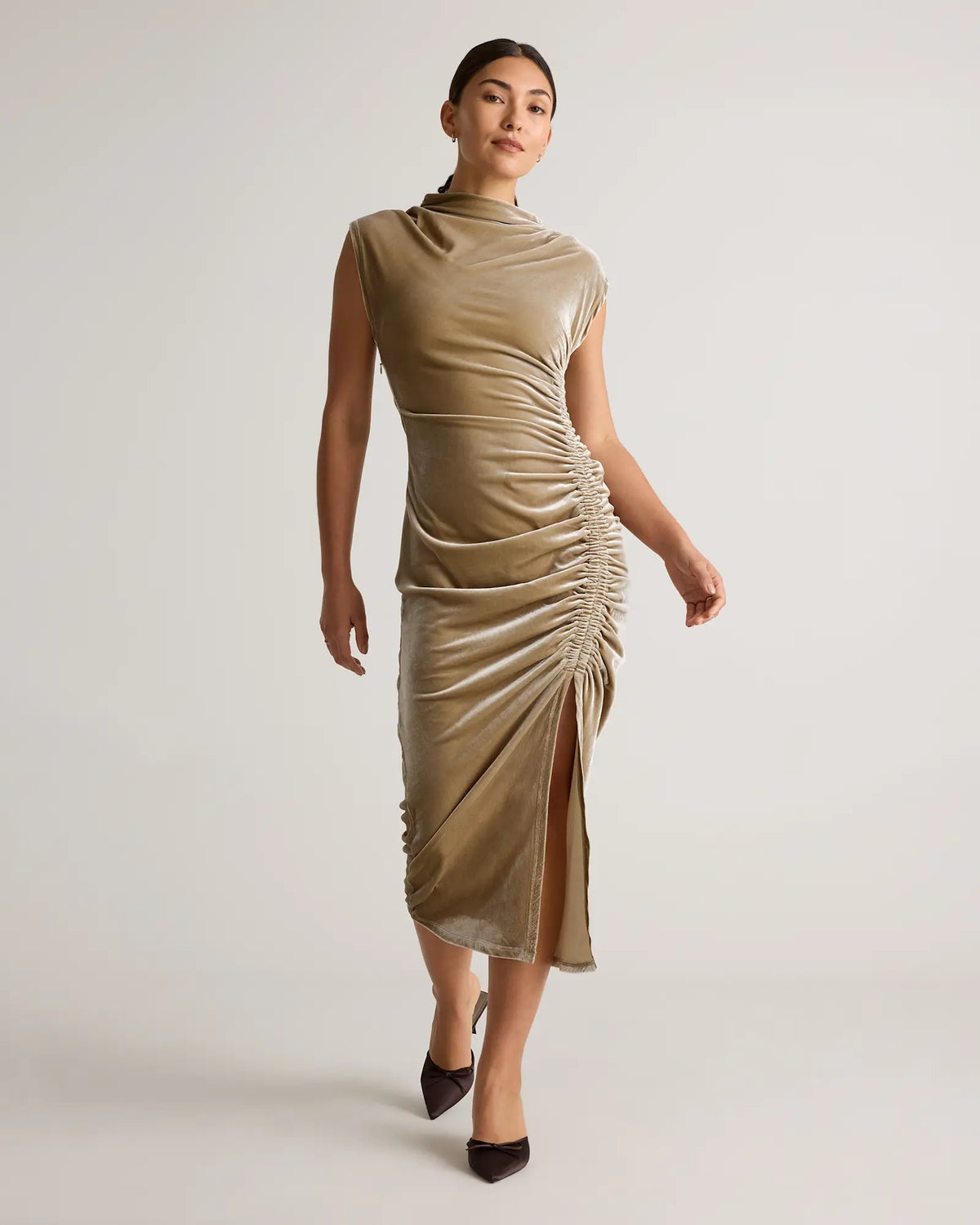 Stretch Silk Velvet Ruched Midi Dress - US 9235