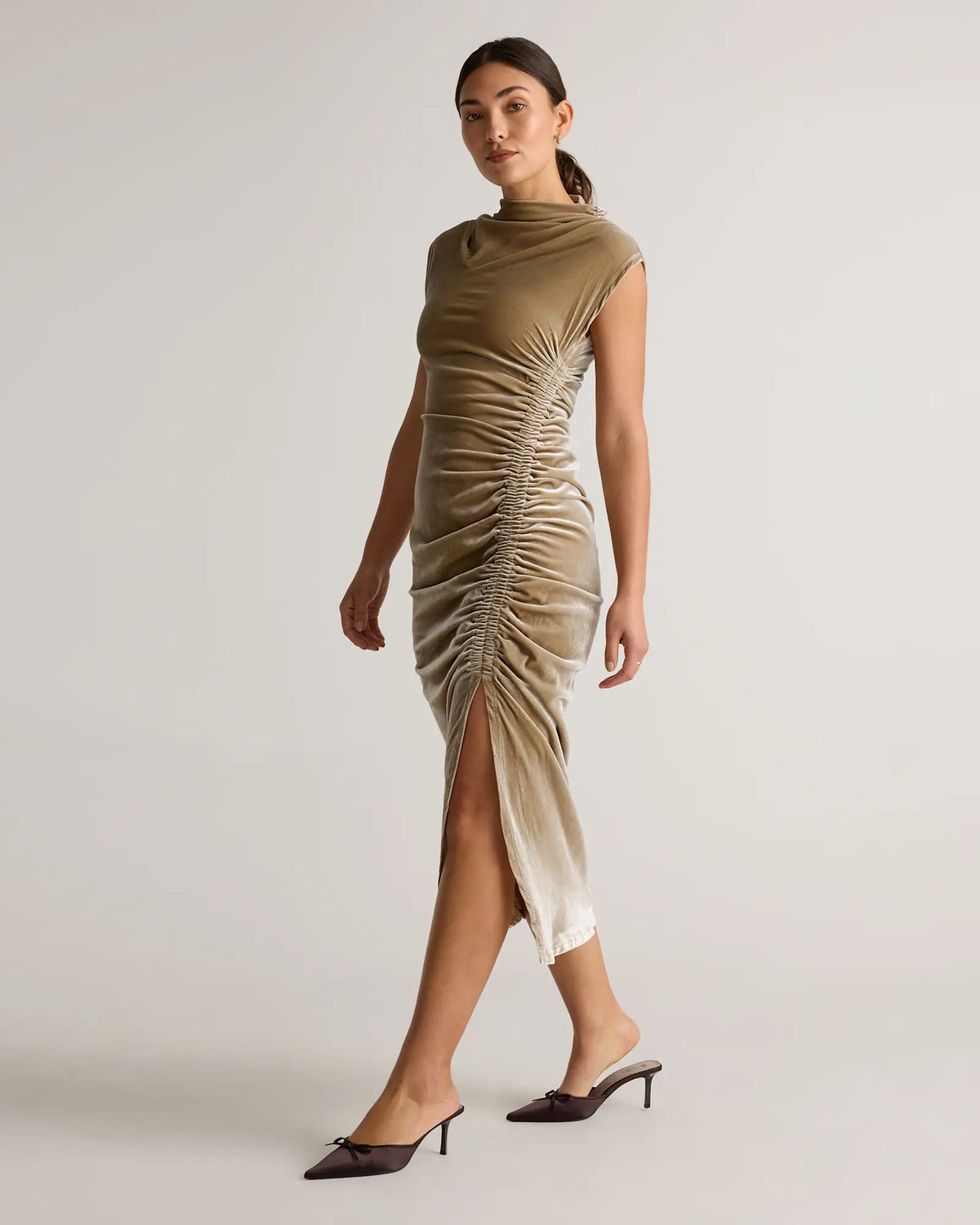 Stretch Silk Velvet Ruched Midi Dress - US 9235
