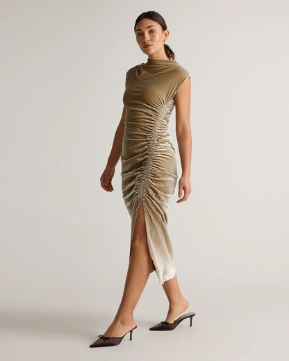 Stretch Silk Velvet Ruched Midi Dress - US 9235
