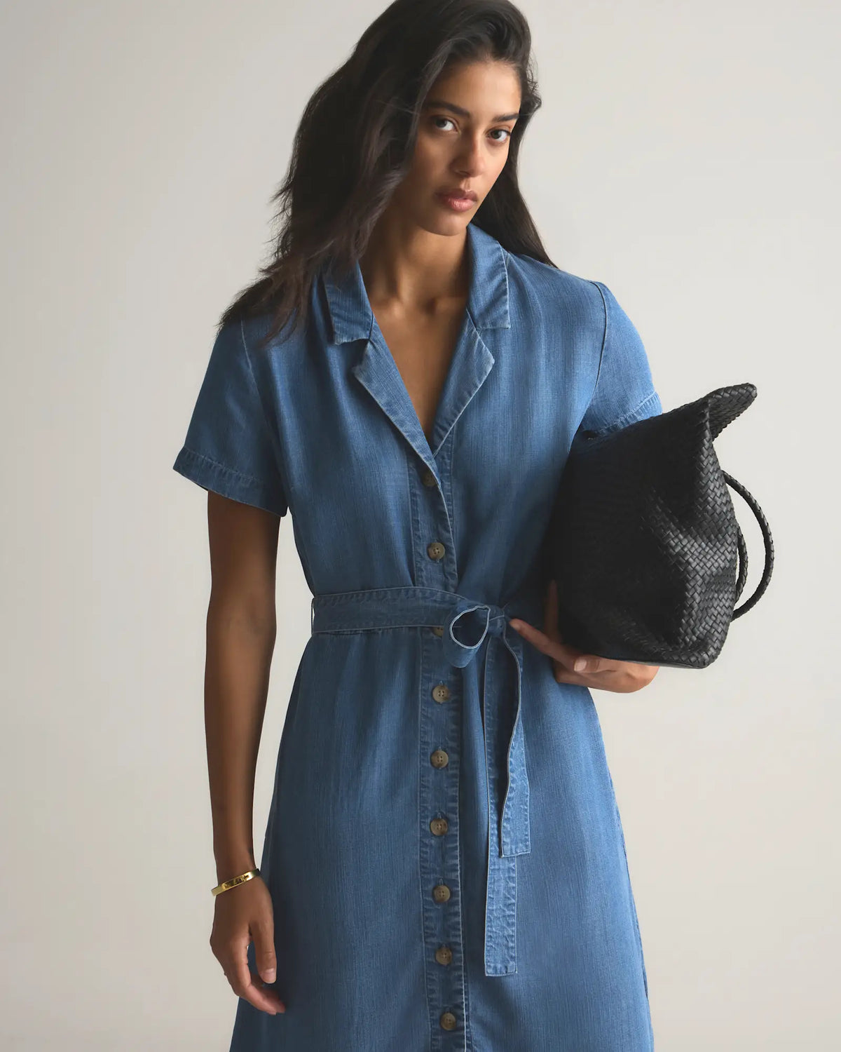 Chambray Tencel Button Front Dress - US 8103