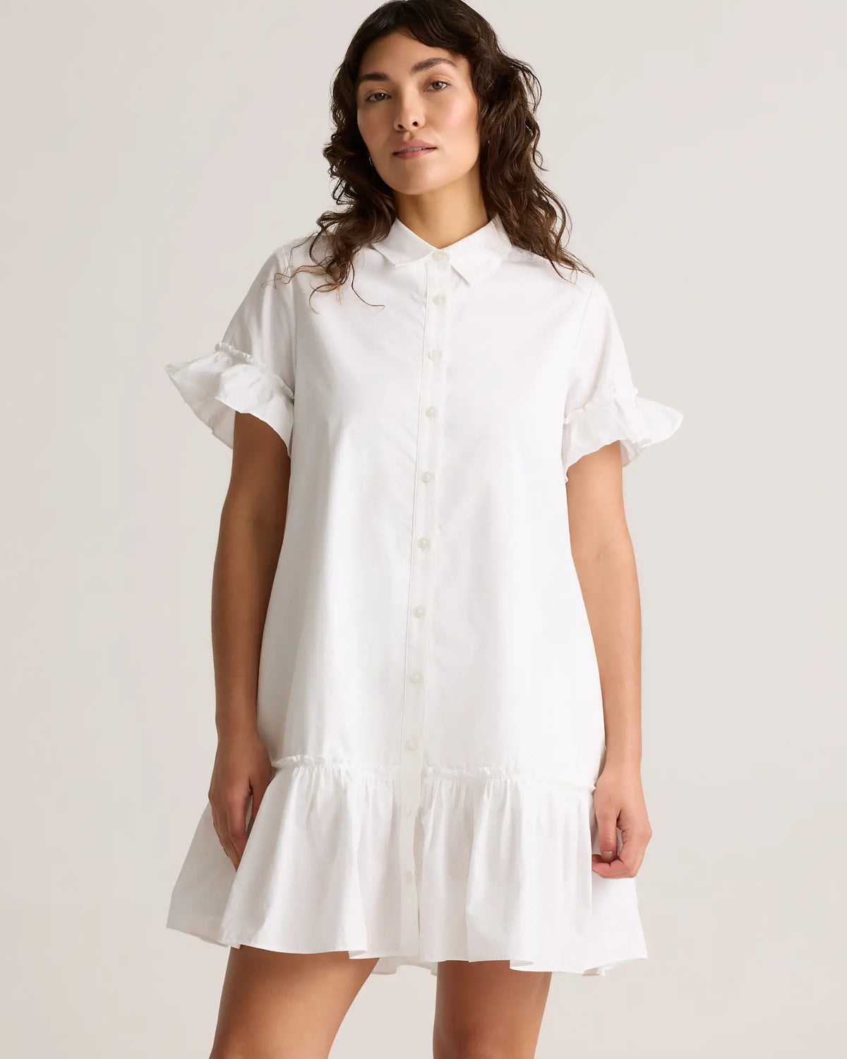 100% Organic Cotton Poplin Short Sleeve Ruffle Shirt Dress - US 0289