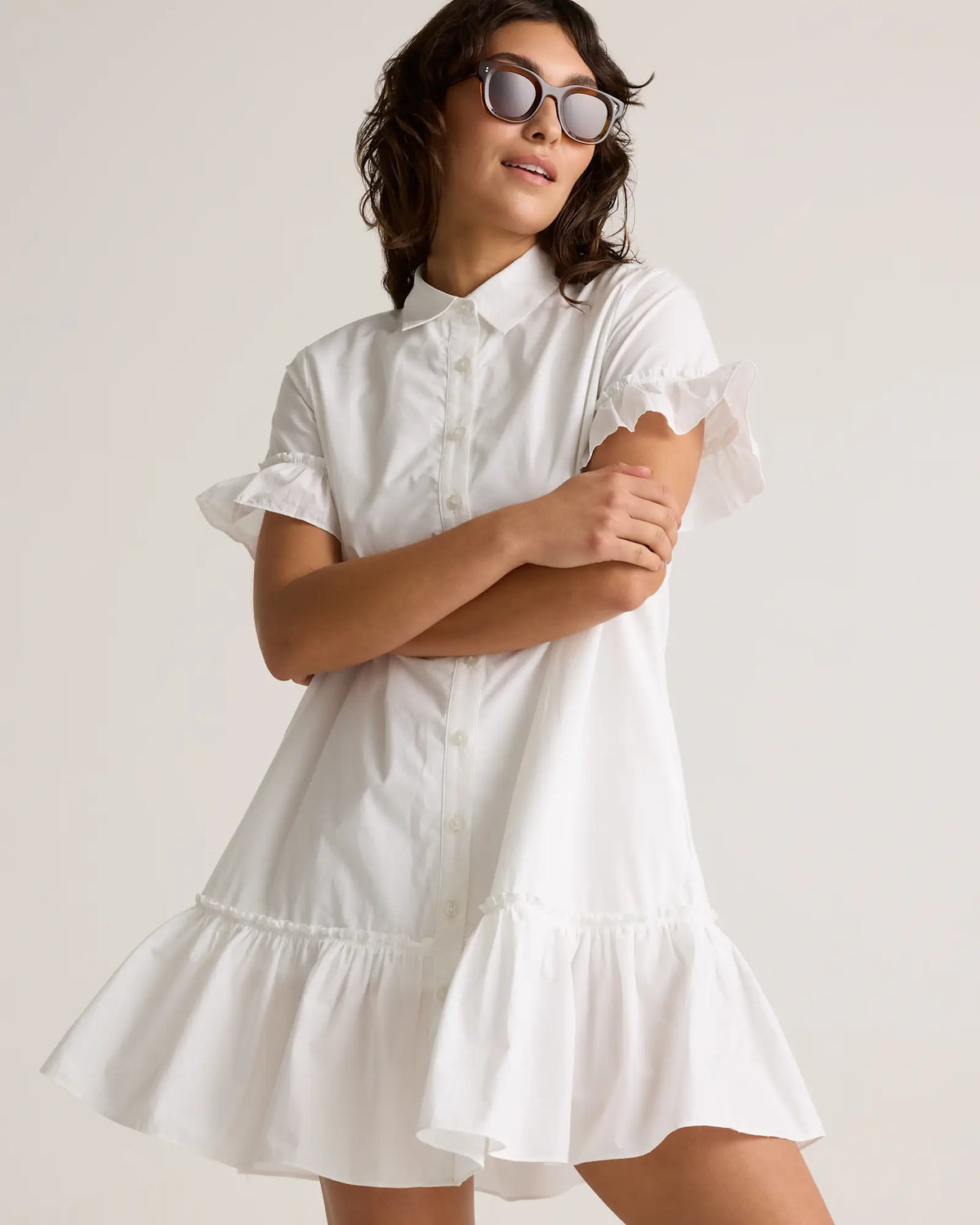 100% Organic Cotton Poplin Short Sleeve Ruffle Shirt Dress - US 0289