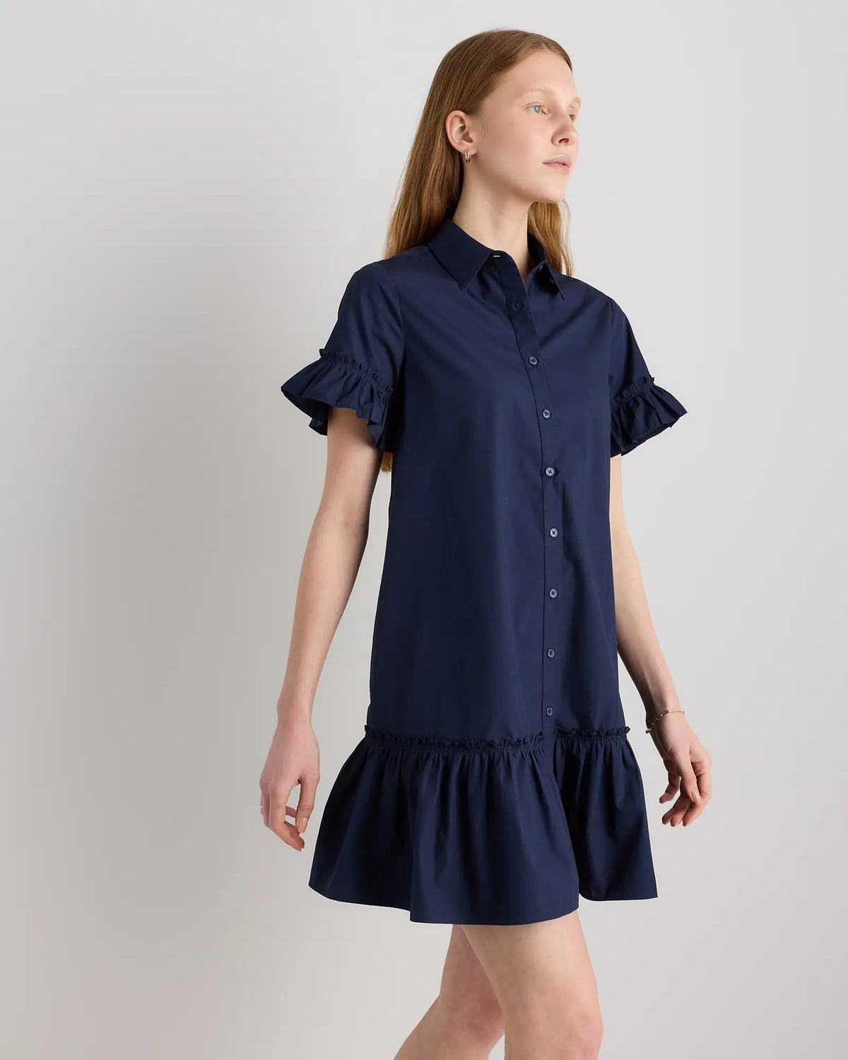 100% Organic Cotton Poplin Short Sleeve Ruffle Shirt Dress - US 4920