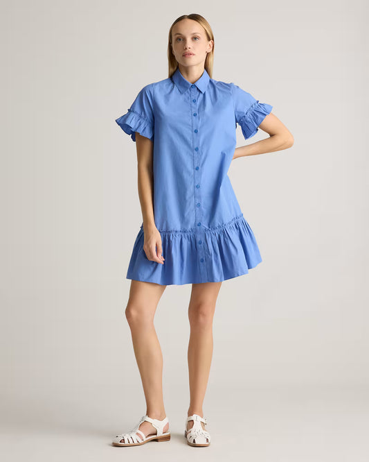 100% Organic Cotton Poplin Short Sleeve Ruffle Shirt Dress - US 9944