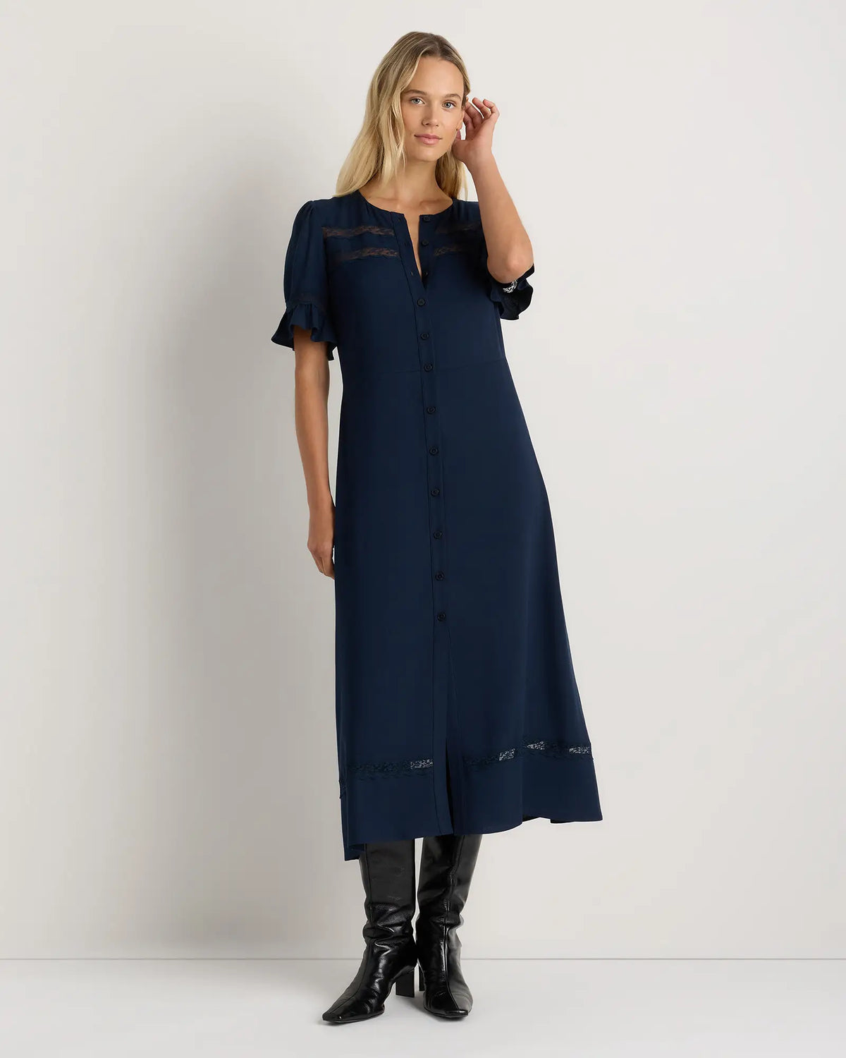 Lightweight Crepe Lace Inset Midi Dress - US 6963