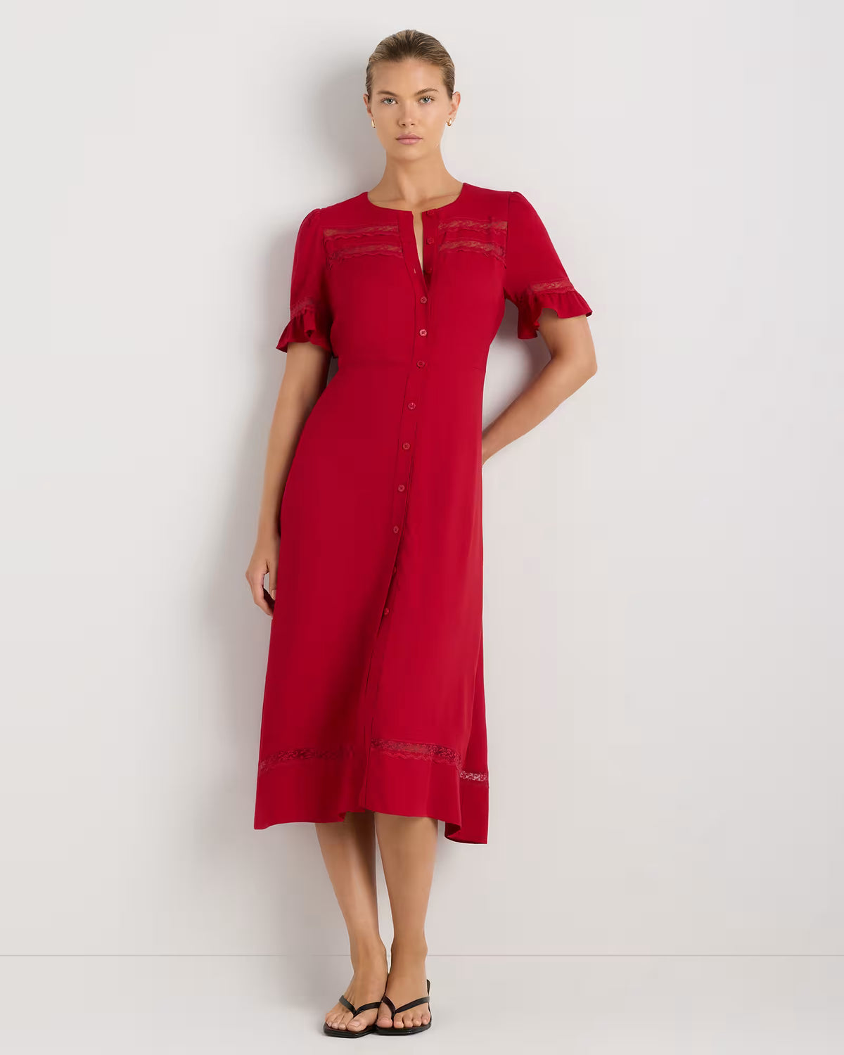 Lightweight Crepe Lace Inset Midi Dress - US 3612