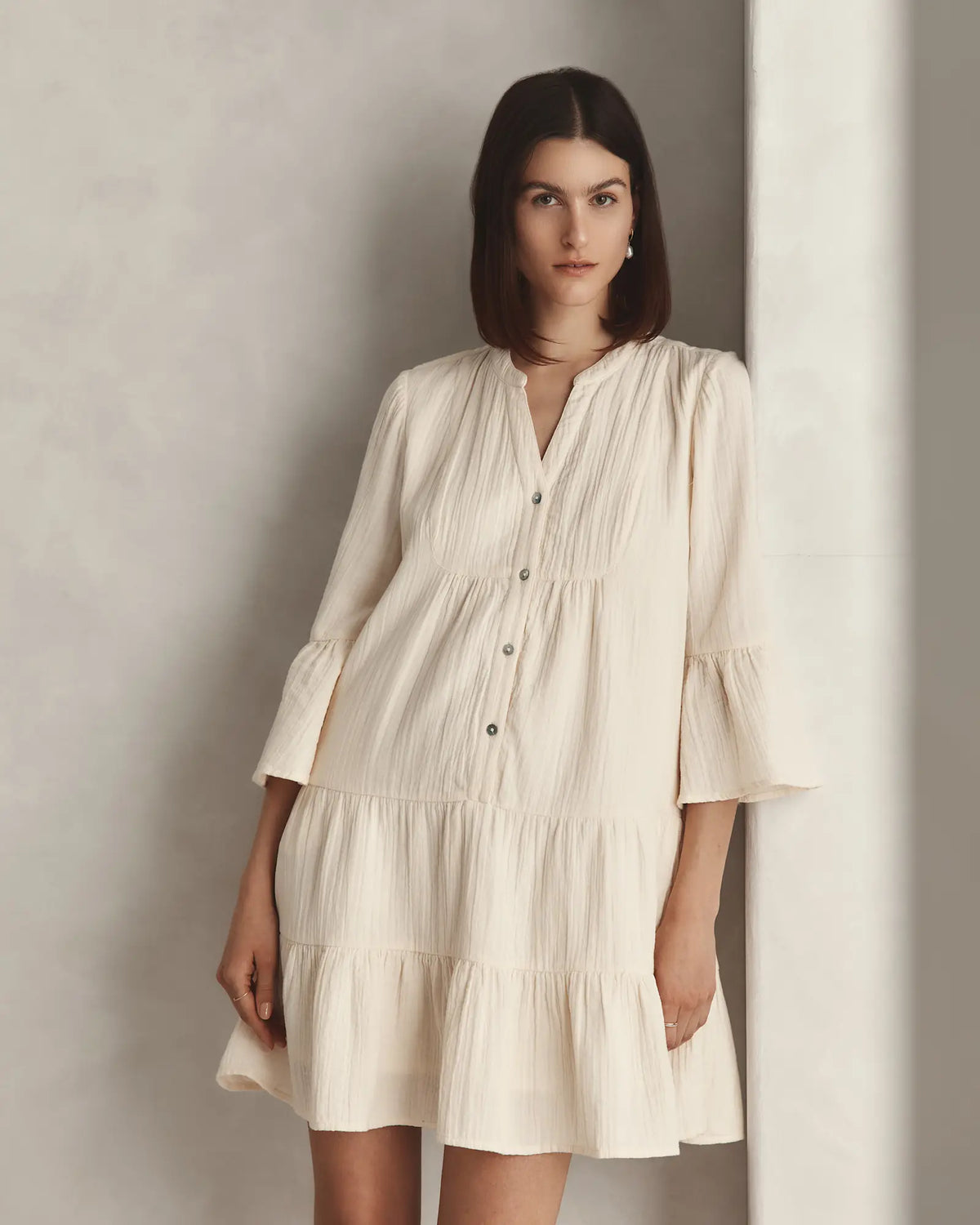100% Organic Cotton Gauze Long Sleeve Tiered Mini Dress - US 5754