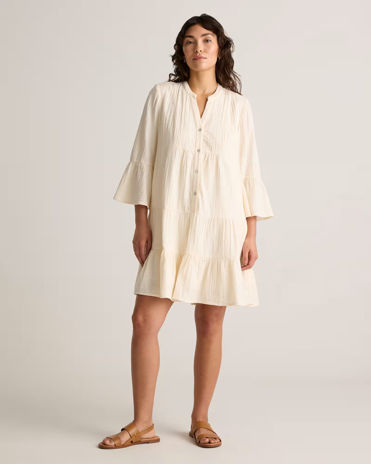 100% Organic Cotton Gauze Long Sleeve Tiered Mini Dress - US 5754