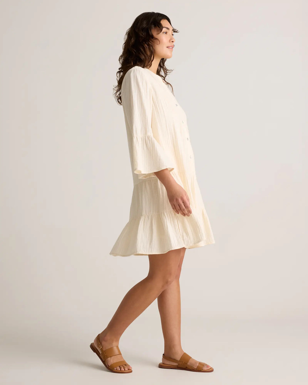 100% Organic Cotton Gauze Long Sleeve Tiered Mini Dress - US 5754