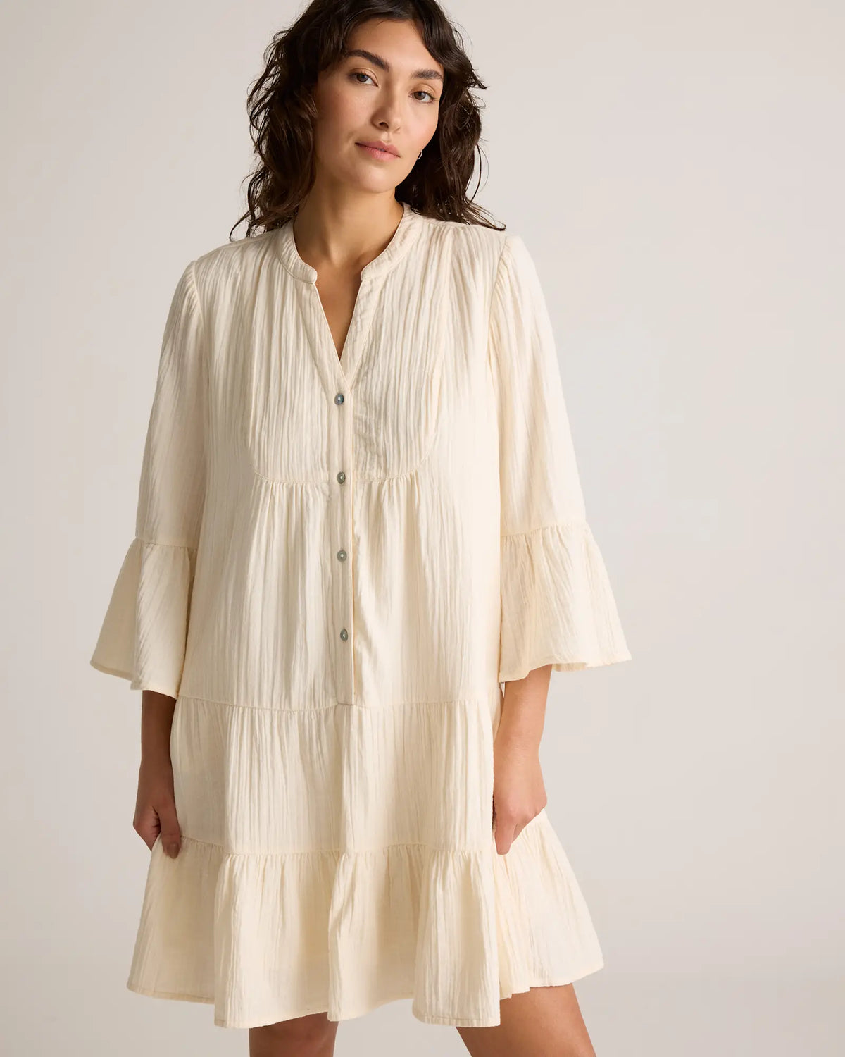 100% Organic Cotton Gauze Long Sleeve Tiered Mini Dress - US 5754