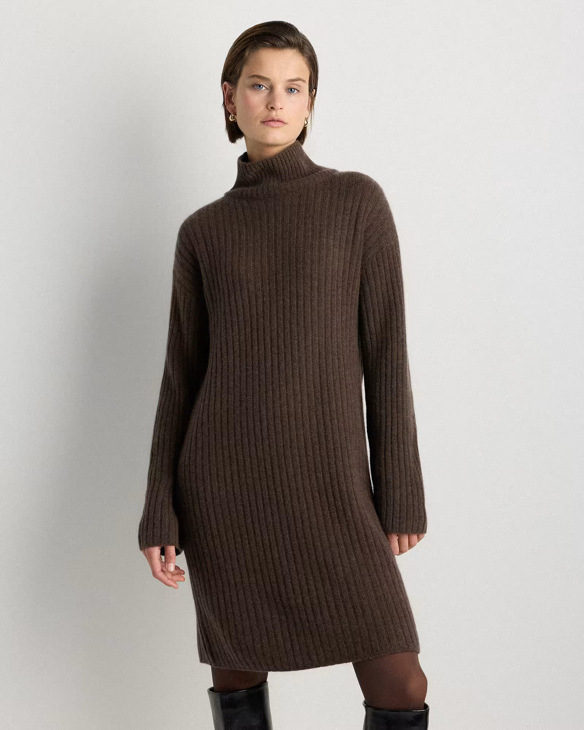 Mongolian Cashmere Ribbed Turtleneck Mini Dress - US 5405