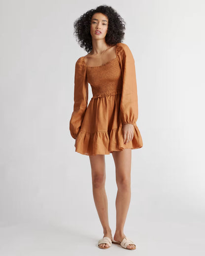100% European Linen Smocked Mini Dress - US 4838