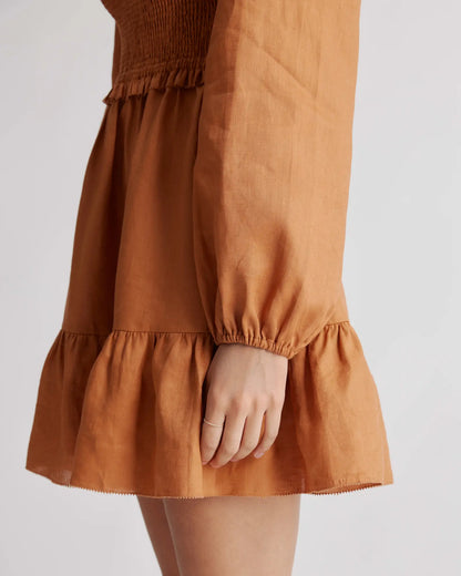 100% European Linen Smocked Mini Dress - US 4838