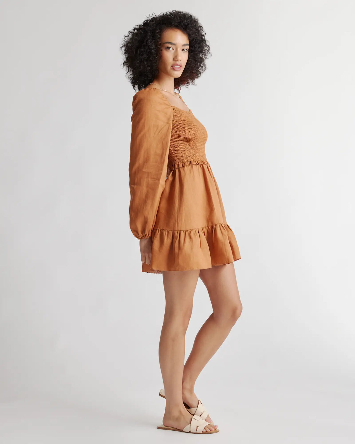 100% European Linen Smocked Mini Dress - US 4838