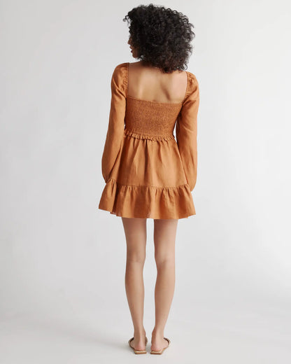 100% European Linen Smocked Mini Dress - US 4838
