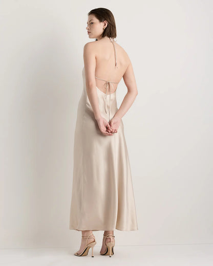 100% Washable Silk Halter Maxi Dress - US 2801