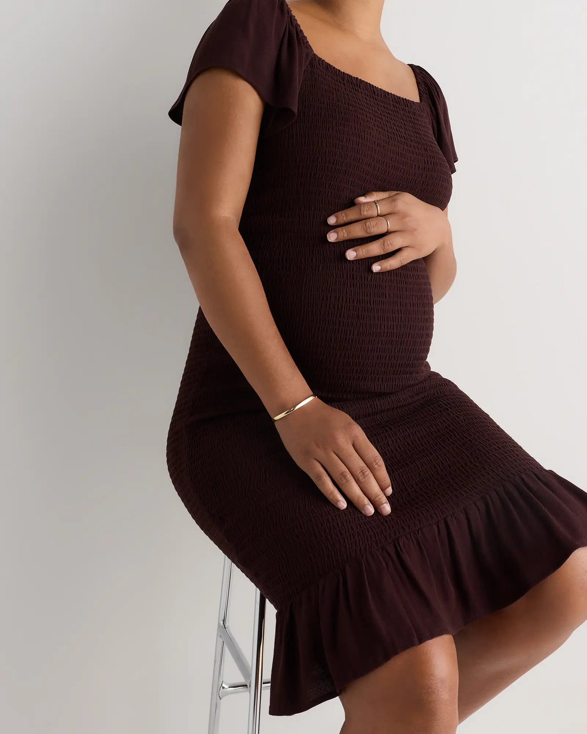Lightweight Crepe Smocked Flutter Sleeve Maternity Dress - US 2072