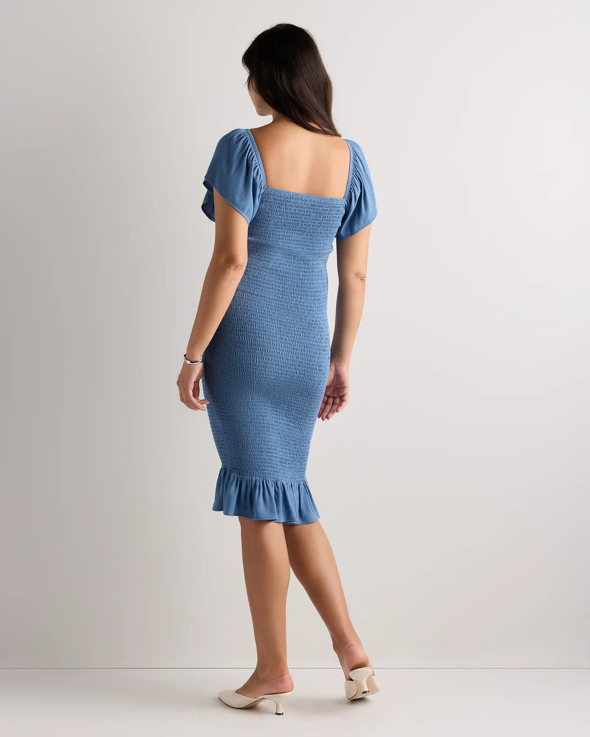 Lightweight Crepe Smocked Flutter Sleeve Maternity Dress - US 1398