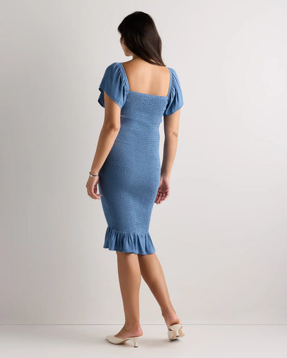 Lightweight Crepe Smocked Flutter Sleeve Maternity Dress - US 1398