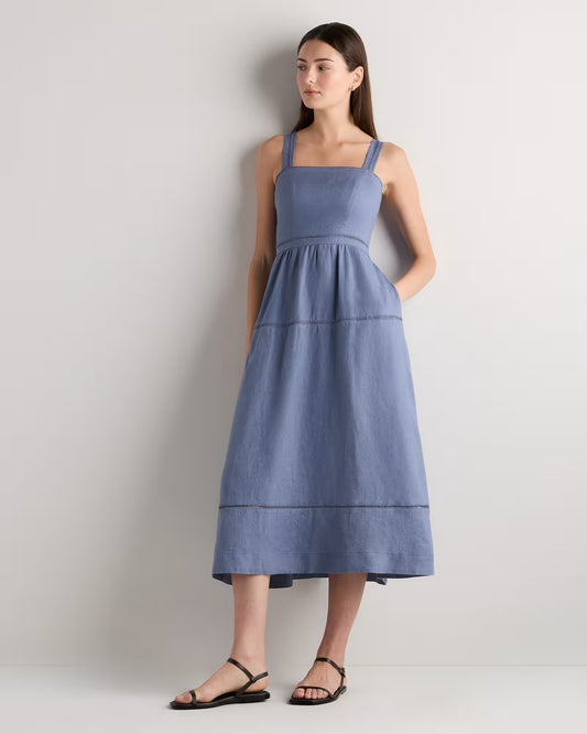 100% European Linen Ladder Stitch Midi Dress - US 0808