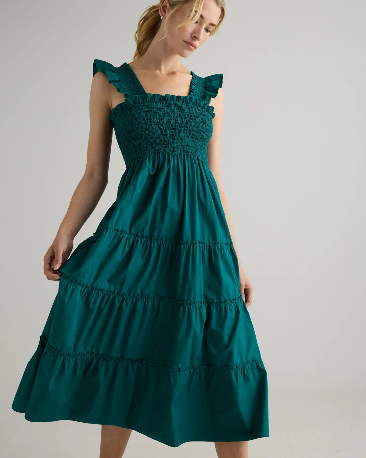 100% Organic Cotton Poplin Smocked Midi Dress - US 1227