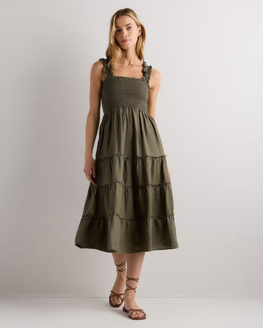 100% European Linen Smocked Midi Dress - US 3281