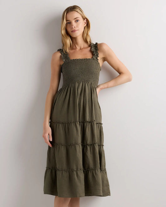 100% European Linen Smocked Midi Dress - US 3281