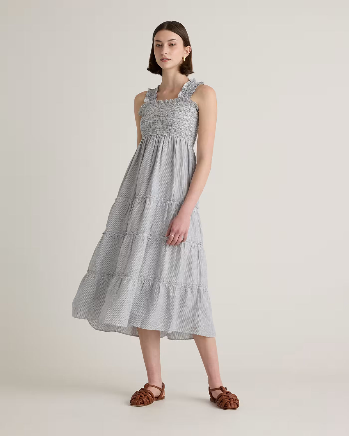 100% European Linen Smocked Midi Dress - US 9930