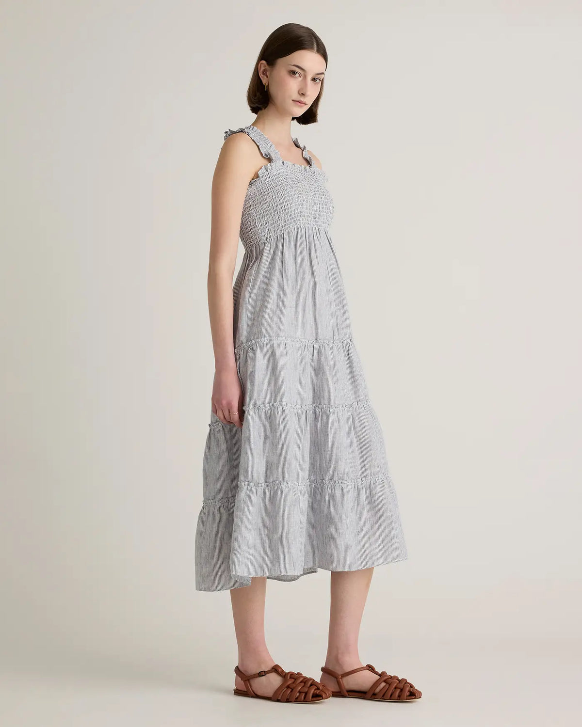 100% European Linen Smocked Midi Dress - US 9930