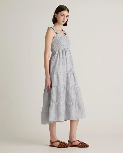 100% European Linen Smocked Midi Dress - US 9930