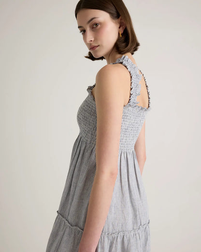 100% European Linen Smocked Midi Dress - US 9930