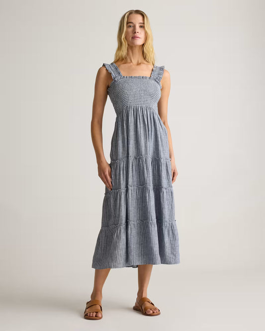 100% European Linen Smocked Midi Dress - US 7066