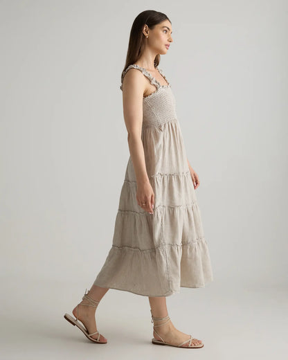 100% European Linen Smocked Midi Dress - US 1328