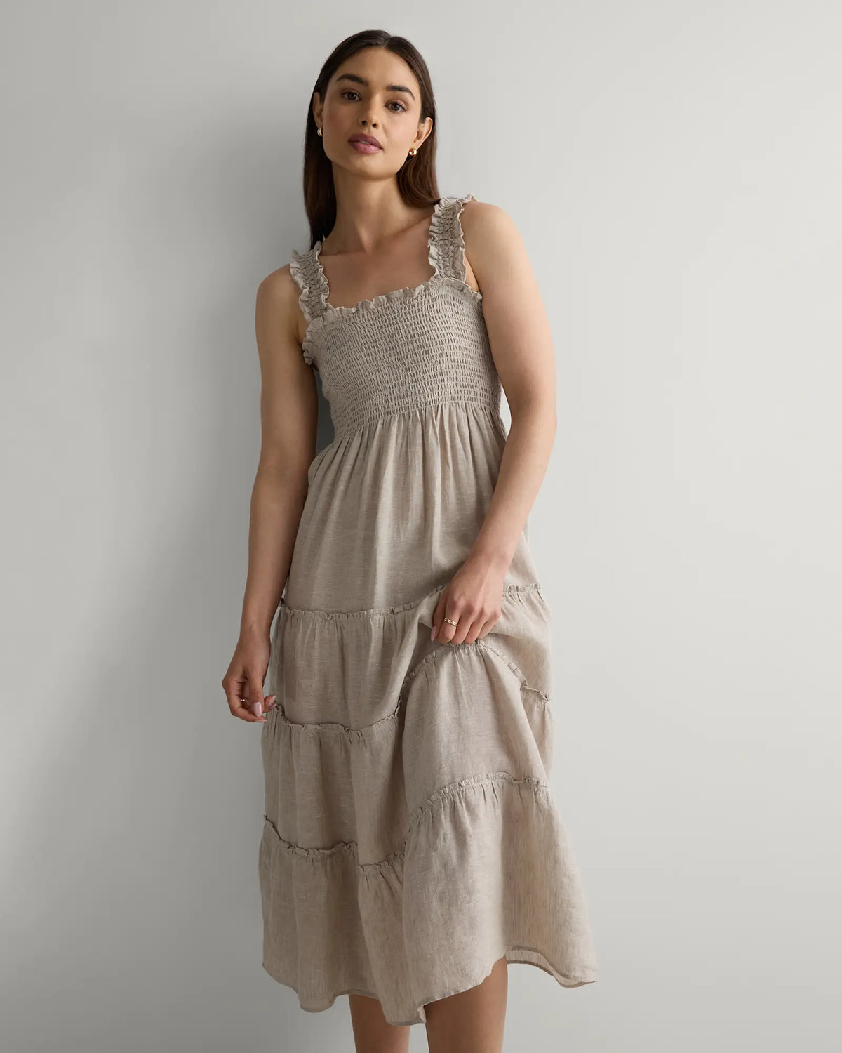 100% European Linen Smocked Midi Dress - US 1328